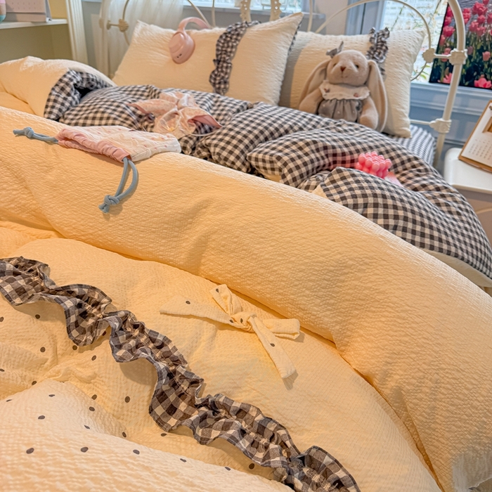 91家纺网 家纺一手货源 找家纺 子钦家纺 2026春夏新款提花泡芙棉甜系格子软乎乎的治愈床品花边蝴蝶结床单床笠四件套-邹邹奶芙 邹邹奶芙-奶灰波点