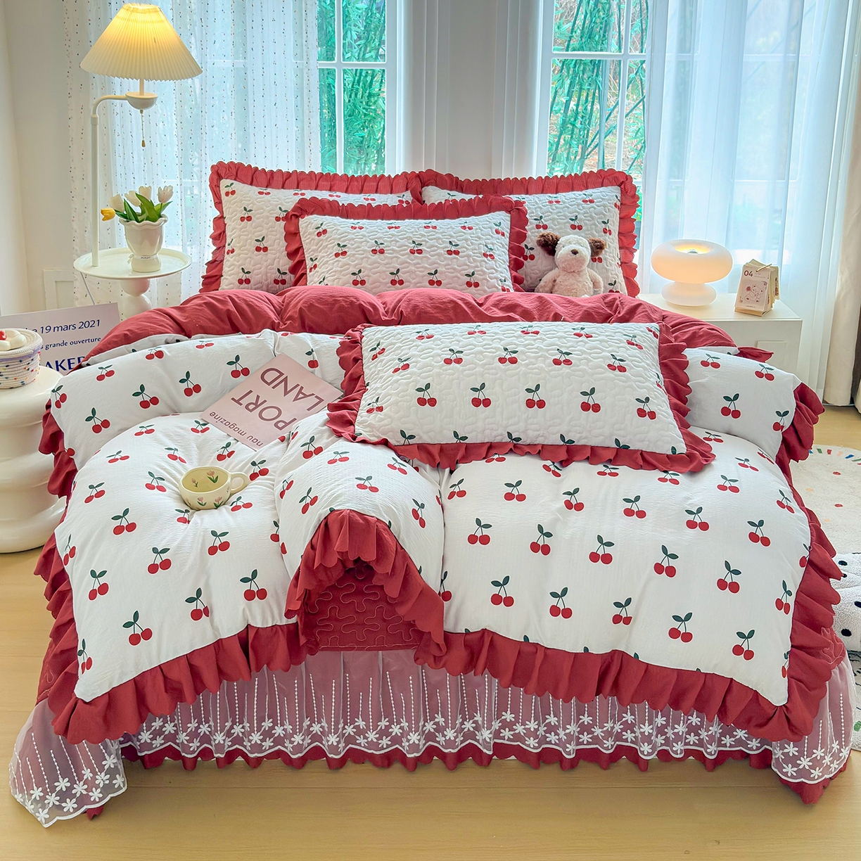 91家纺网 家纺一手货源 找家纺 （总）绒耀家纺 2026春夏直播爆款泡芙棉云感双层纱皱皱纱韩式花边床盖四件套