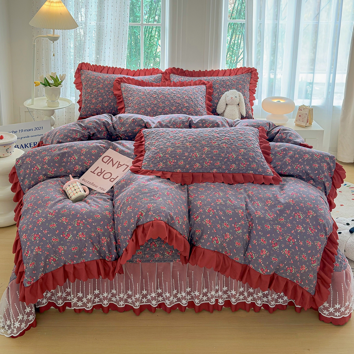 91家纺网 家纺一手货源 找家纺 （总）绒耀家纺 2026春夏直播爆款泡芙棉云感双层纱皱皱纱韩式花边床盖四件套