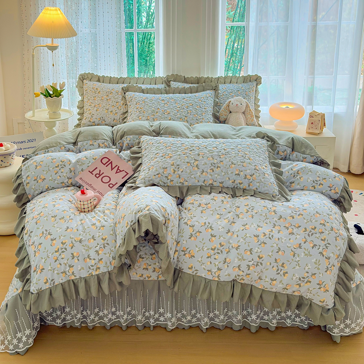 91家纺网 家纺一手货源 找家纺 （总）绒耀家纺 2026春夏直播爆款泡芙棉云感双层纱皱皱纱韩式花边床盖四件套