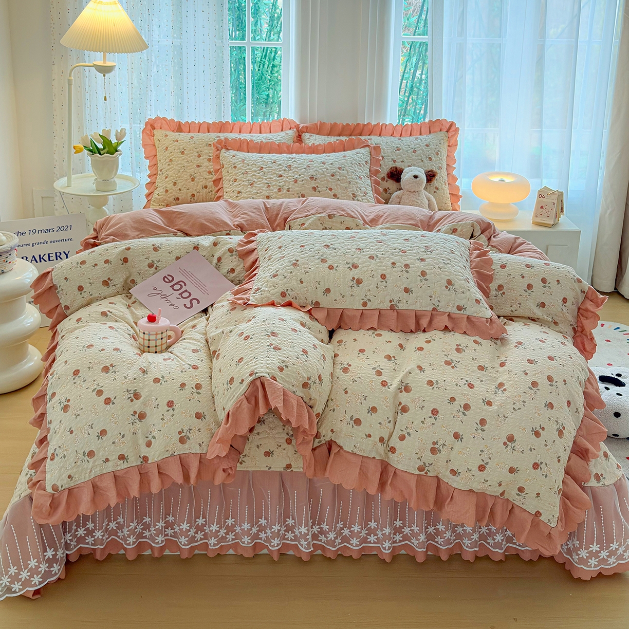 91家纺网 家纺一手货源 找家纺 （总）绒耀家纺 2026春夏直播爆款泡芙棉云感双层纱皱皱纱韩式花边床盖四件套