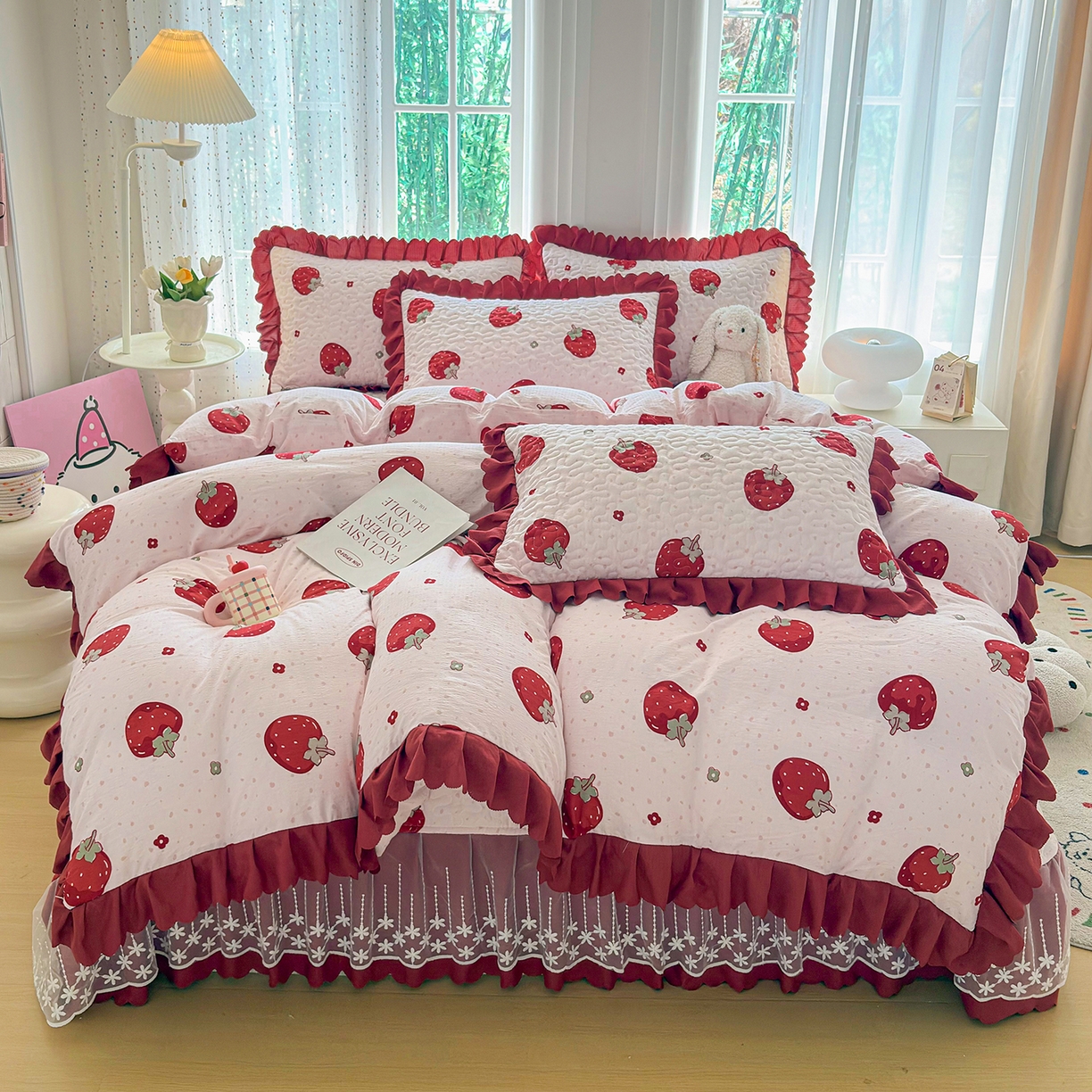 91家纺网 家纺一手货源 找家纺 （总）绒耀家纺 2026春夏直播爆款泡芙棉云感双层纱皱皱纱韩式花边床盖四件套