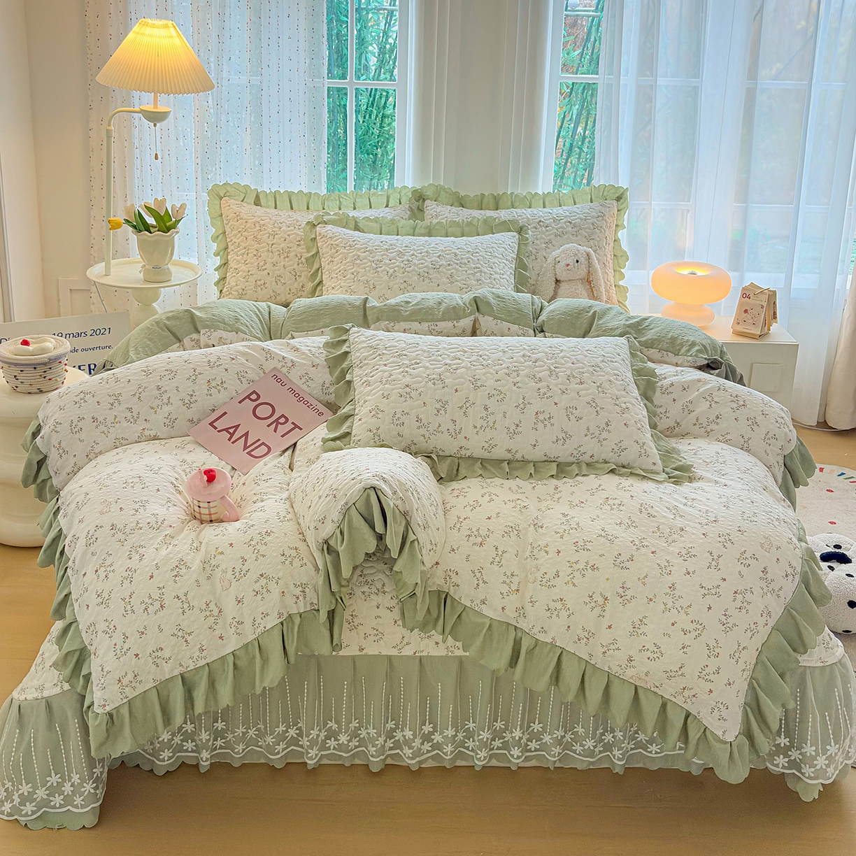 91家纺网 家纺一手货源 找家纺 （总）绒耀家纺 2026春夏直播爆款泡芙棉云感双层纱皱皱纱韩式花边床盖四件套