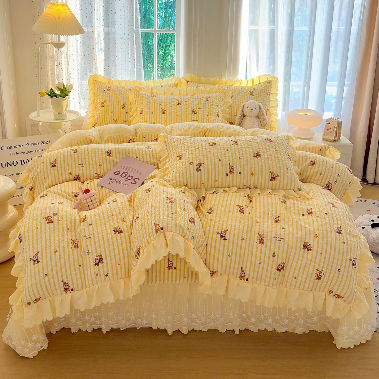 91家纺网 家纺一手货源 找家纺 （总）绒耀家纺 2026春夏直播爆款泡芙棉云感双层纱皱皱纱韩式花边床盖四件套