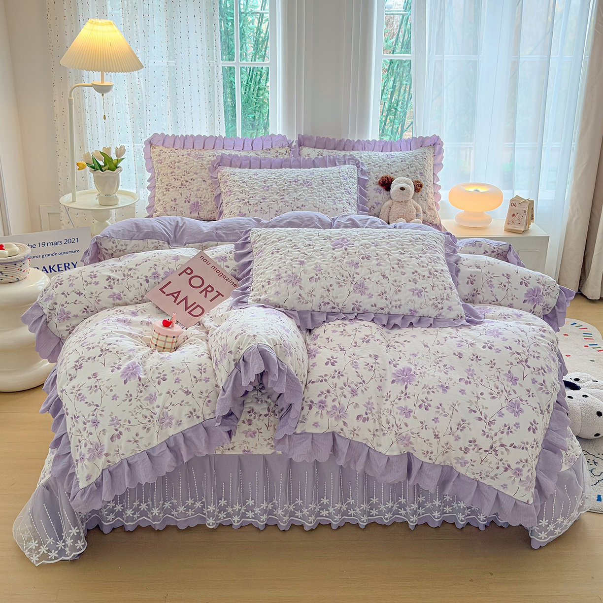 91家纺网 家纺一手货源 找家纺 （总）绒耀家纺 2026春夏直播爆款泡芙棉云感双层纱皱皱纱韩式花边床盖四件套