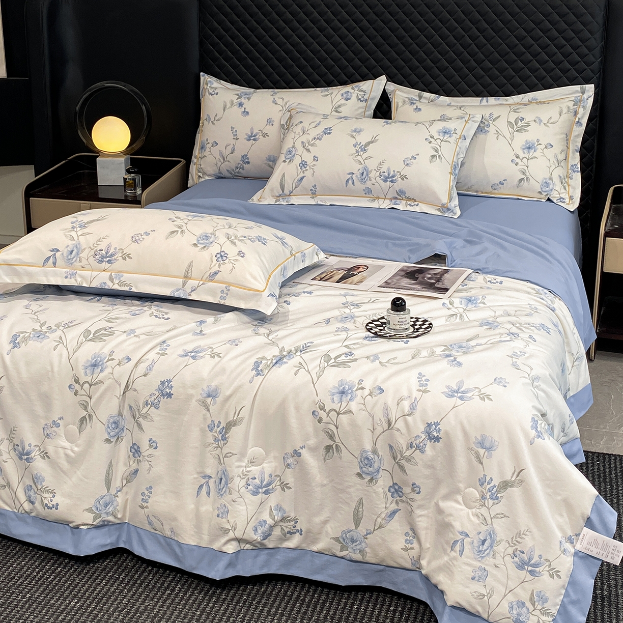 91家纺网 家纺一手货源 找家纺 佳品居 2026新款凉感天丝棉印花系列水洗真丝夏被四件套 春溪兰