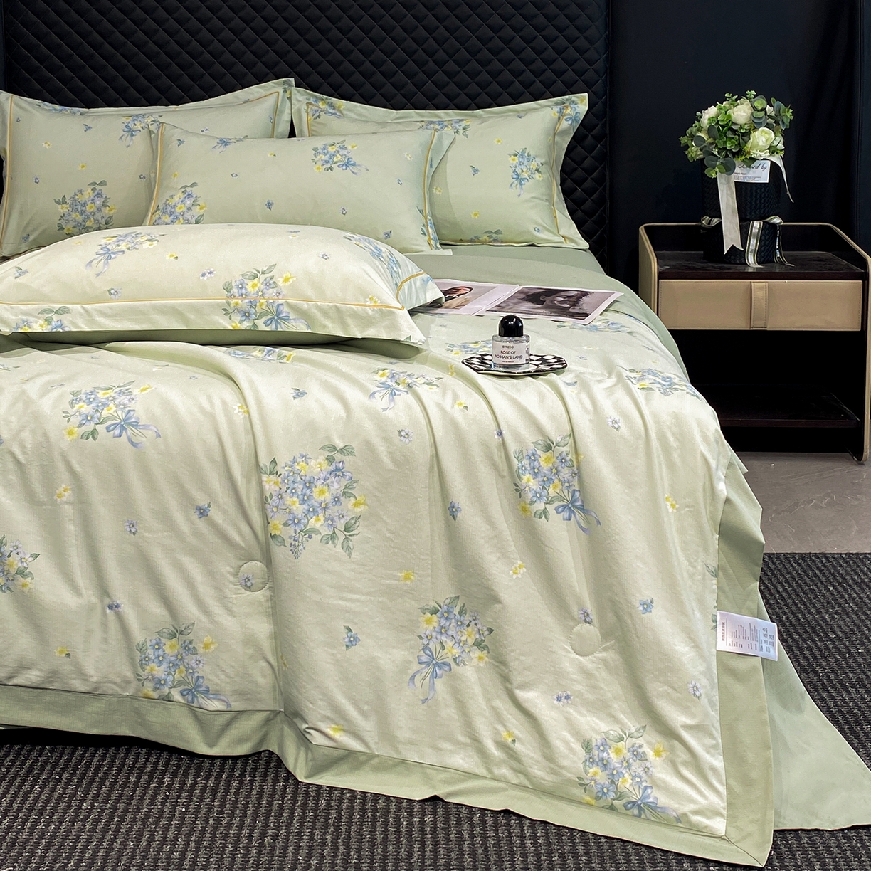 91家纺网 家纺一手货源 找家纺 佳品居 2026新款凉感天丝棉印花系列水洗真丝夏被四件套 花束-绿