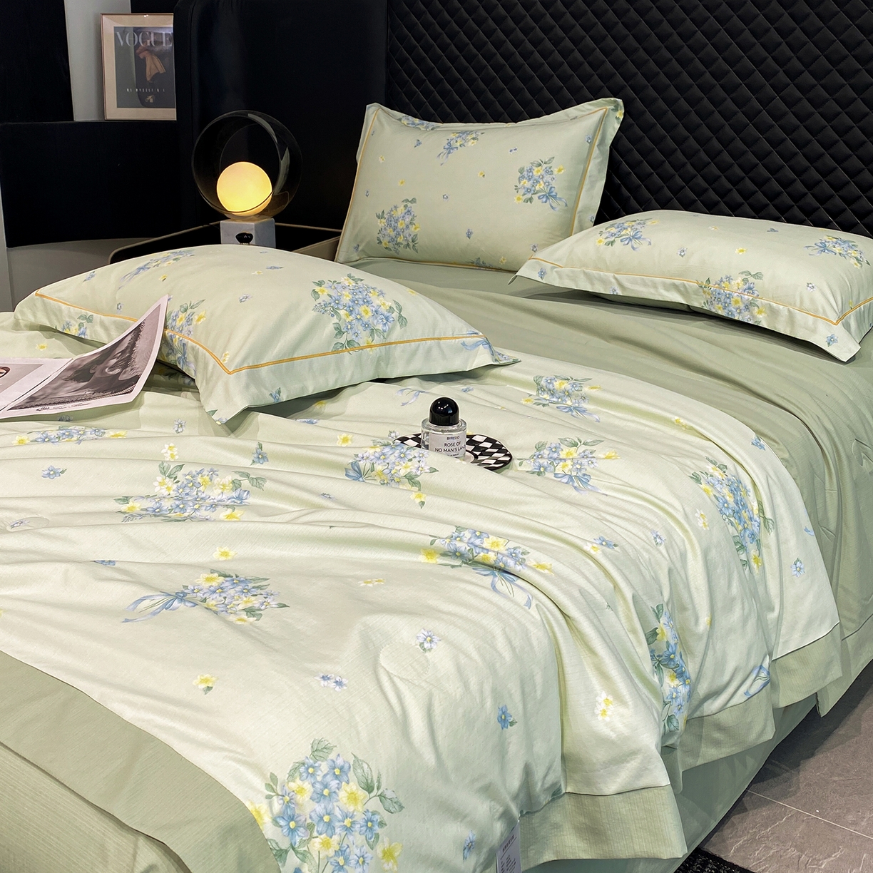 91家纺网 家纺一手货源 找家纺 佳品居 2026新款凉感天丝棉印花系列水洗真丝夏被四件套 花束-绿