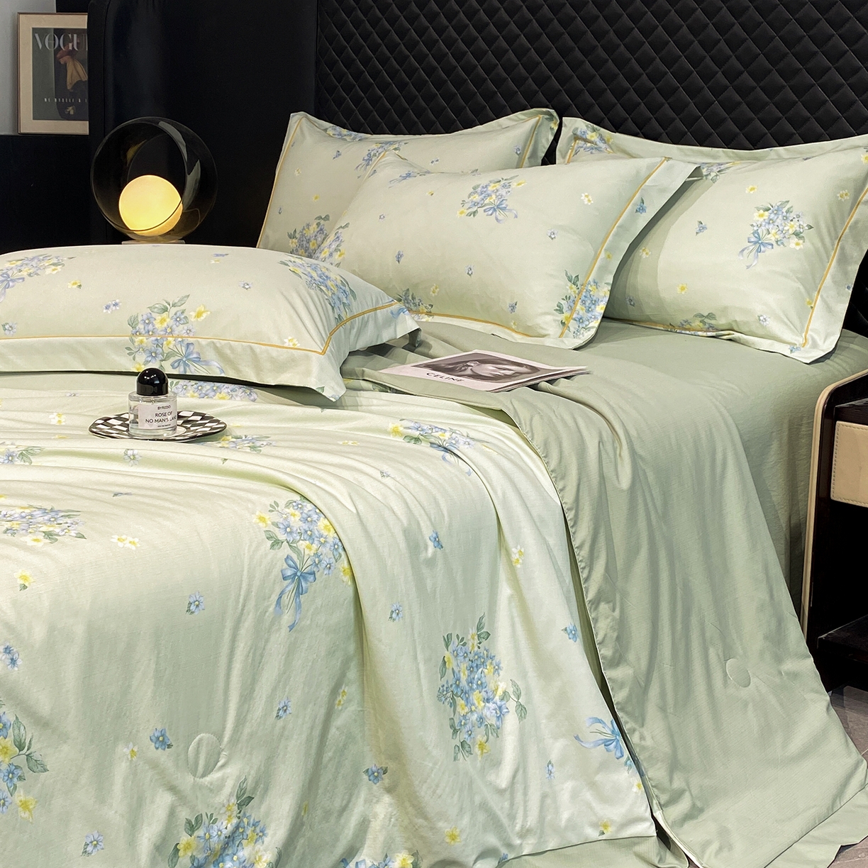 佳品居 2026新款凉感天丝棉印花系列水洗真丝夏被四件套 花束-绿