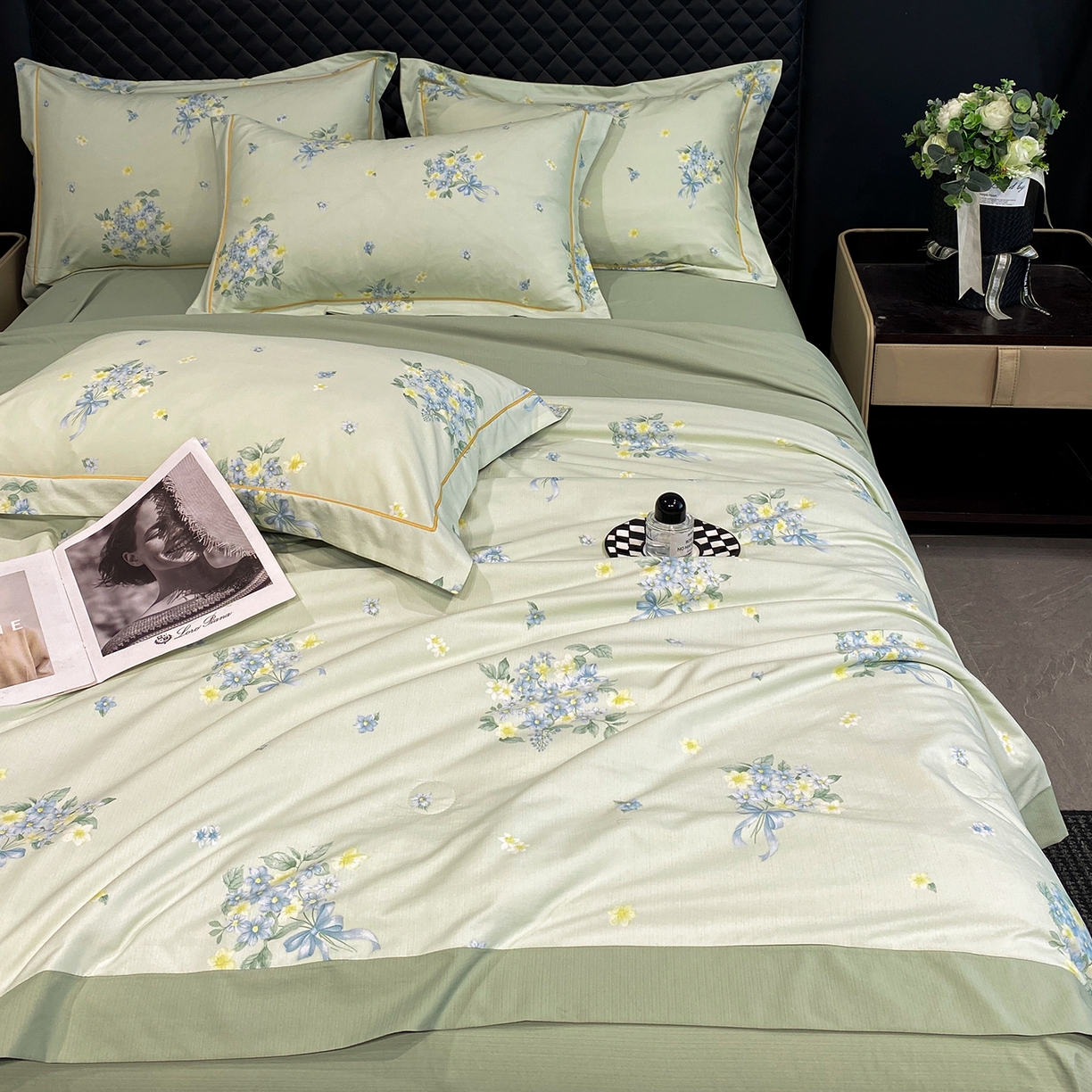 91家纺网 家纺一手货源 找家纺 佳品居 2026新款凉感天丝棉印花系列水洗真丝夏被四件套 花束-绿