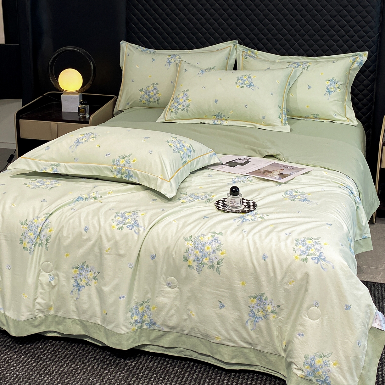 91家纺网 家纺一手货源 找家纺 佳品居 2026新款凉感天丝棉印花系列水洗真丝夏被四件套 花束-绿