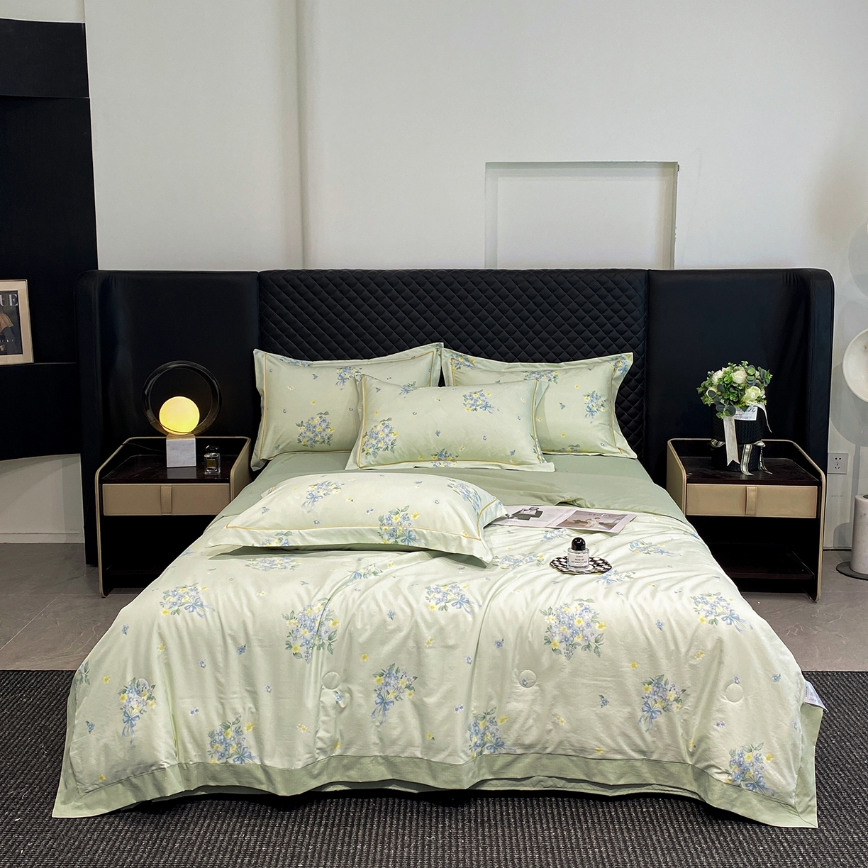 91家纺网 家纺一手货源 找家纺 佳品居 2026新款凉感天丝棉印花系列水洗真丝夏被四件套 花束-绿