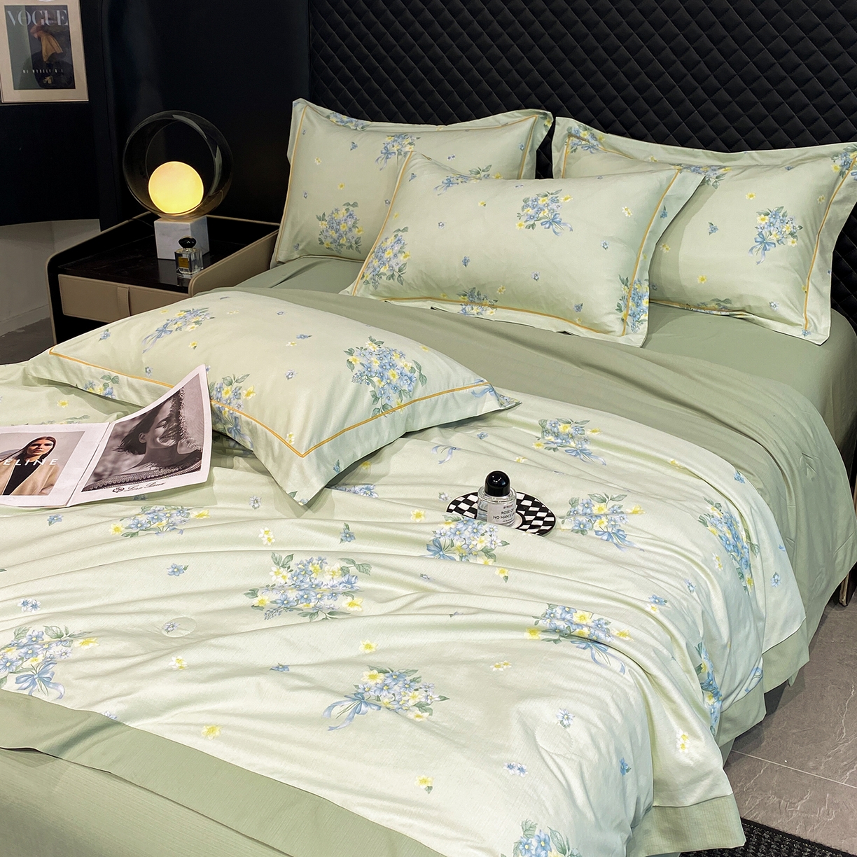 91家纺网 家纺一手货源 找家纺 佳品居 2026新款凉感天丝棉印花系列水洗真丝夏被四件套 花束-绿