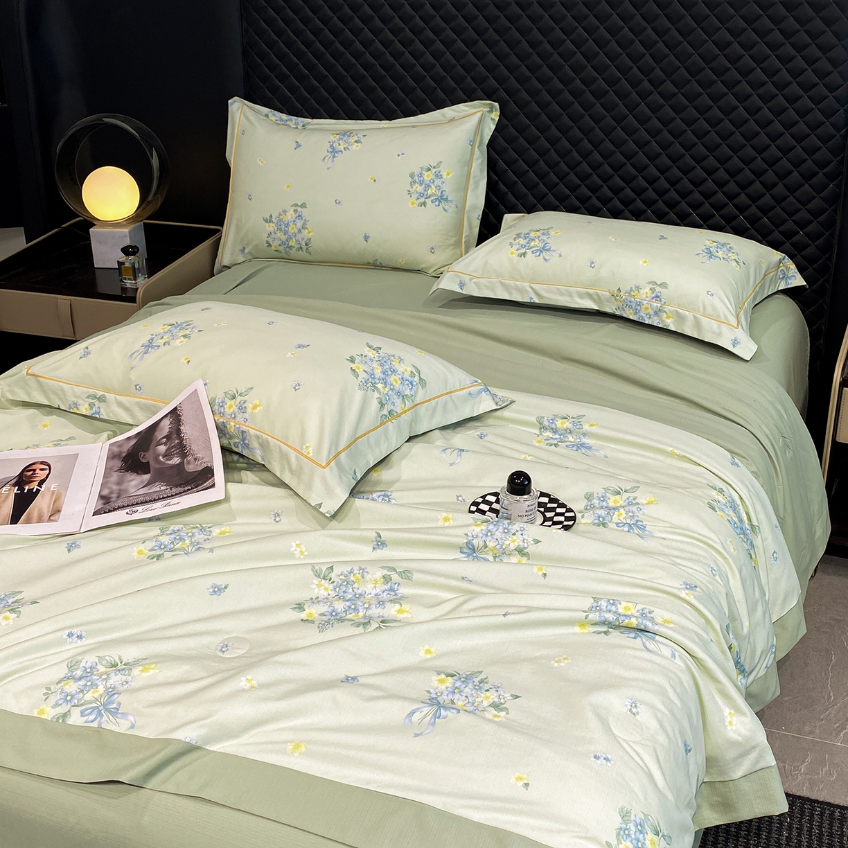 91家纺网 家纺一手货源 找家纺 佳品居 2026新款凉感天丝棉印花系列水洗真丝夏被四件套 花束-绿