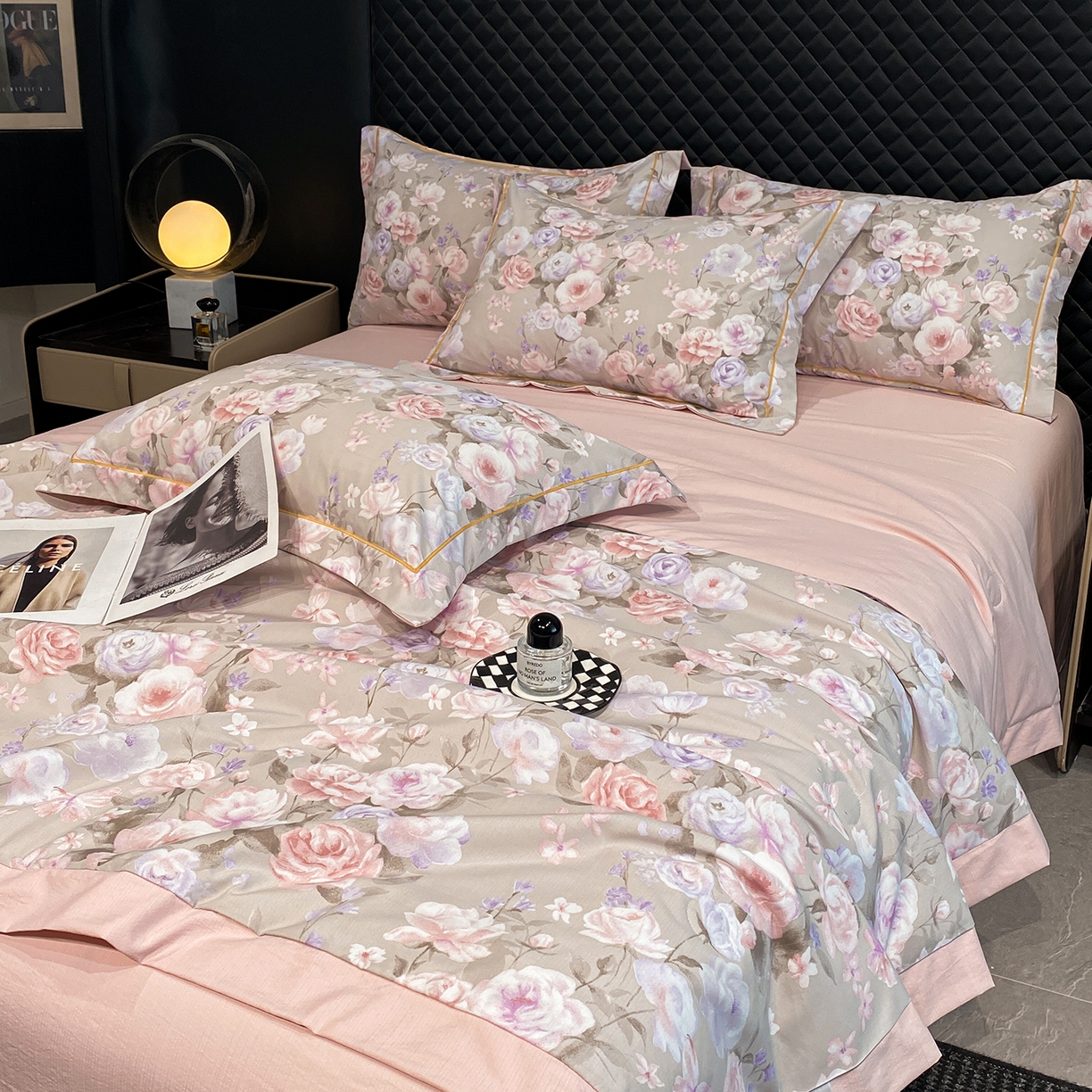 91家纺网 家纺一手货源 找家纺 佳品居 2026新款凉感天丝棉印花系列水洗真丝夏被四件套 莫奈花园-粉