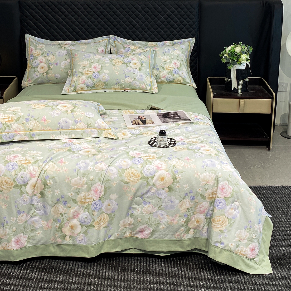 91家纺网 家纺一手货源 找家纺 佳品居 2026新款凉感天丝棉印花系列水洗真丝夏被四件套 莫奈花园-绿