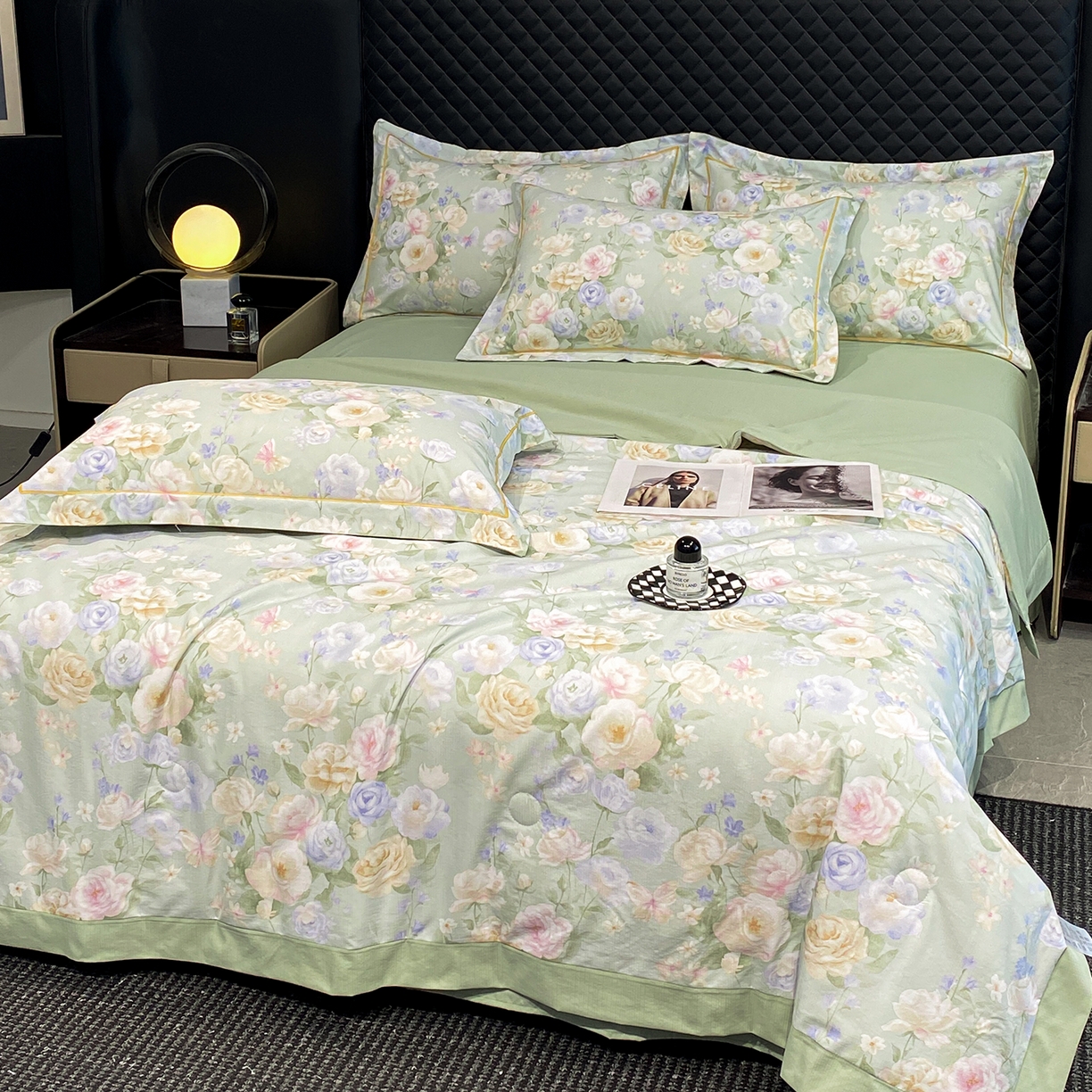 91家纺网 家纺一手货源 找家纺 佳品居 2026新款凉感天丝棉印花系列水洗真丝夏被四件套 莫奈花园-绿