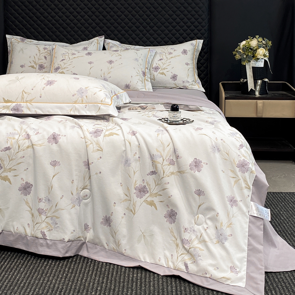 91家纺网 家纺一手货源 找家纺 佳品居 2026新款凉感天丝棉印花系列水洗真丝夏被四件套 温岚-紫