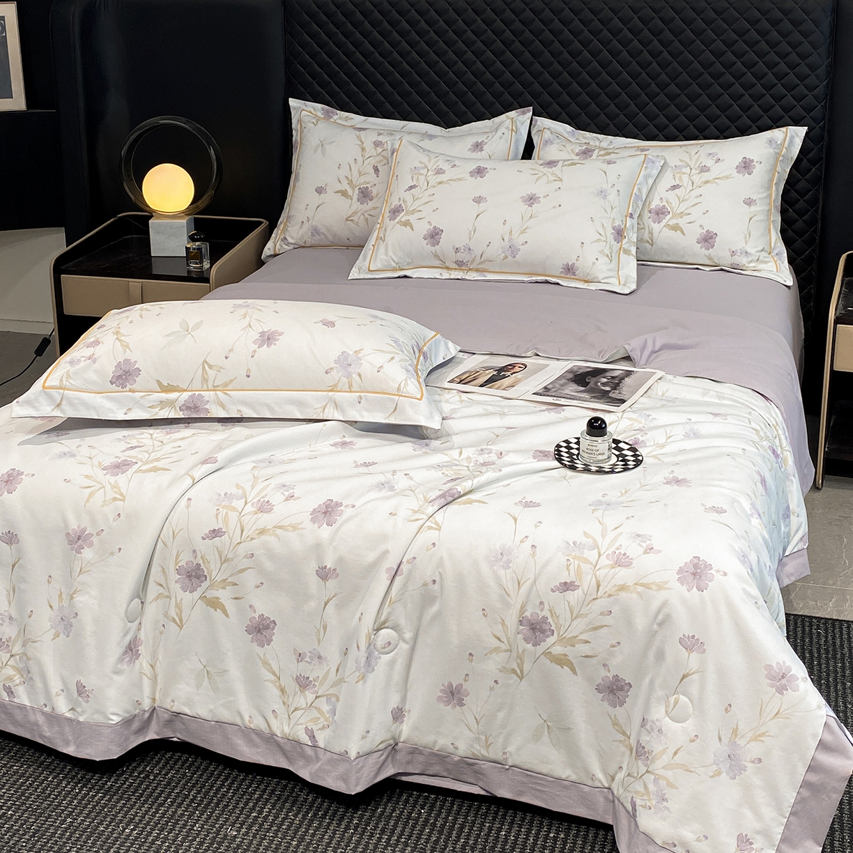 91家纺网 家纺一手货源 找家纺 佳品居 2026新款凉感天丝棉印花系列水洗真丝夏被四件套 温岚-紫