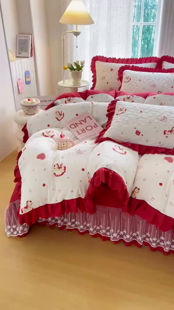 91家纺网 家纺一手货源 找家纺 （总）绒耀家纺 2026春夏直播爆款泡芙棉云感双层纱皱皱纱韩式花边床盖四件套