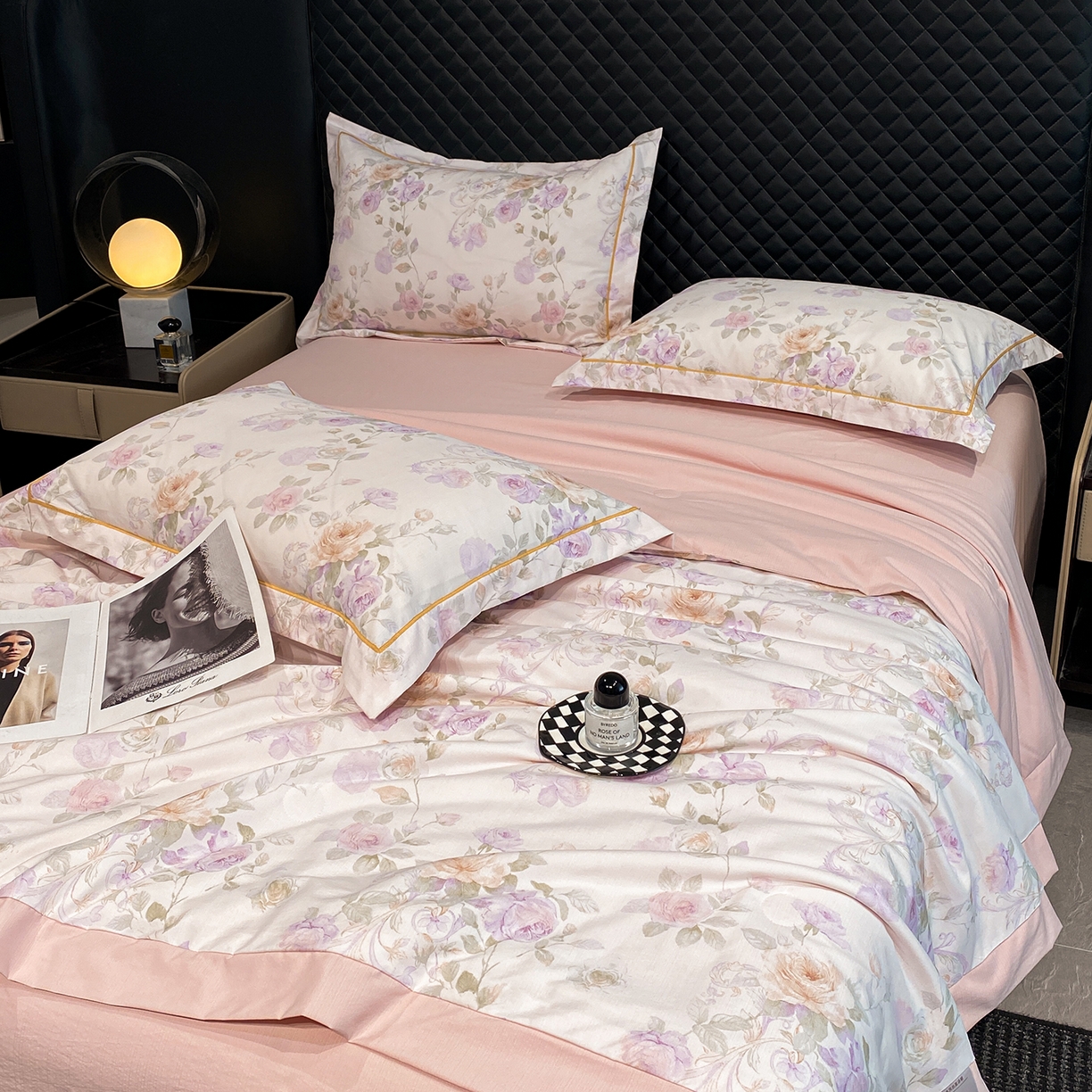 91家纺网 家纺一手货源 找家纺 佳品居 2026新款凉感天丝棉印花系列水洗真丝夏被四件套 伊莉莎-粉