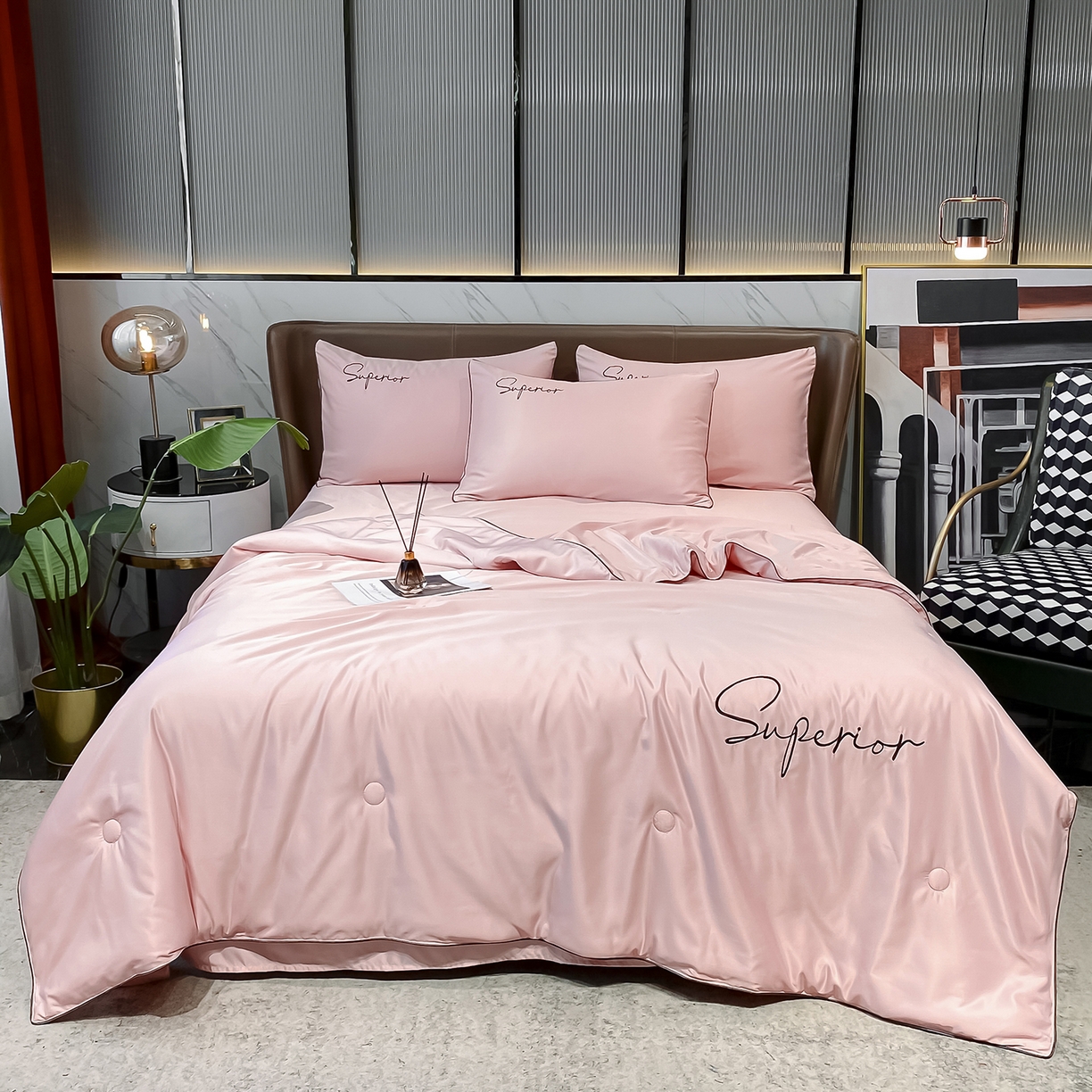 91家纺网 家纺一手货源 找家纺 绒城 2026新款字母刺绣水洗天丝夏被夏凉被空调被四件套-字母 字母豆沙