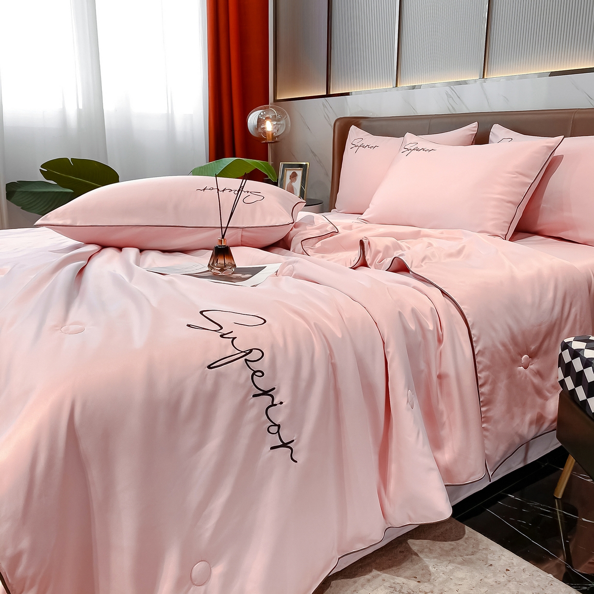 91家纺网 家纺一手货源 找家纺 绒城 2026新款字母刺绣水洗天丝夏被夏凉被空调被四件套-字母 字母豆沙
