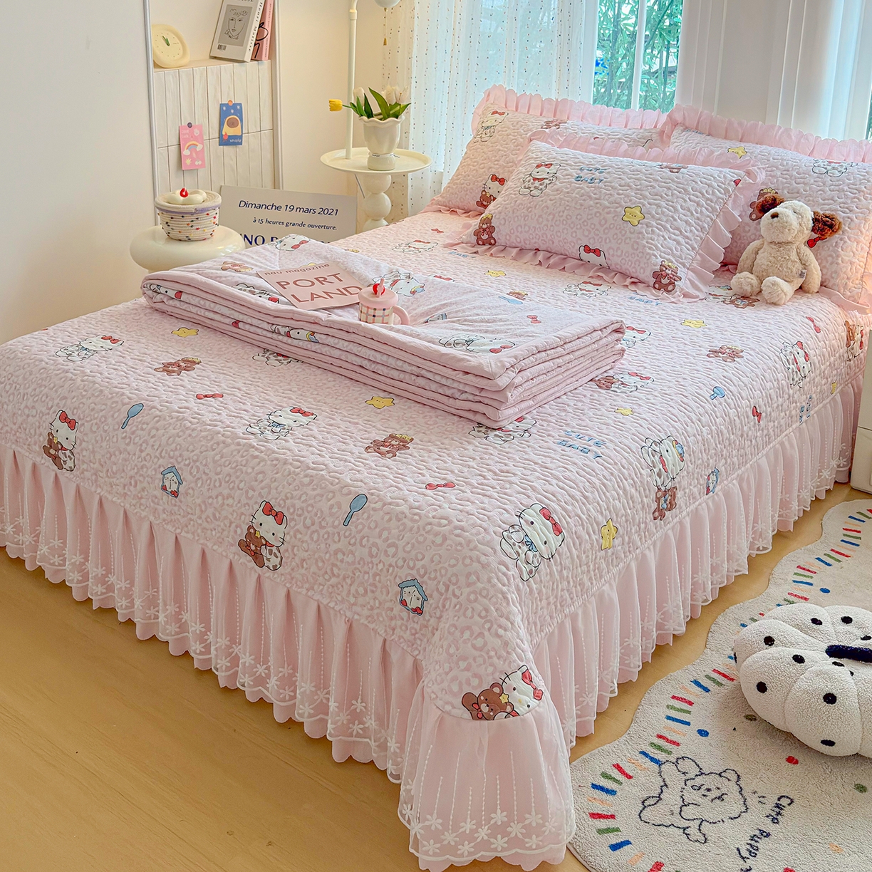 91家纺网 家纺一手货源 找家纺 绒耀家纺 2026春夏直播爆款泡芙棉云感双层纱皱皱纱韩式花边床盖四件套 豹纹KT