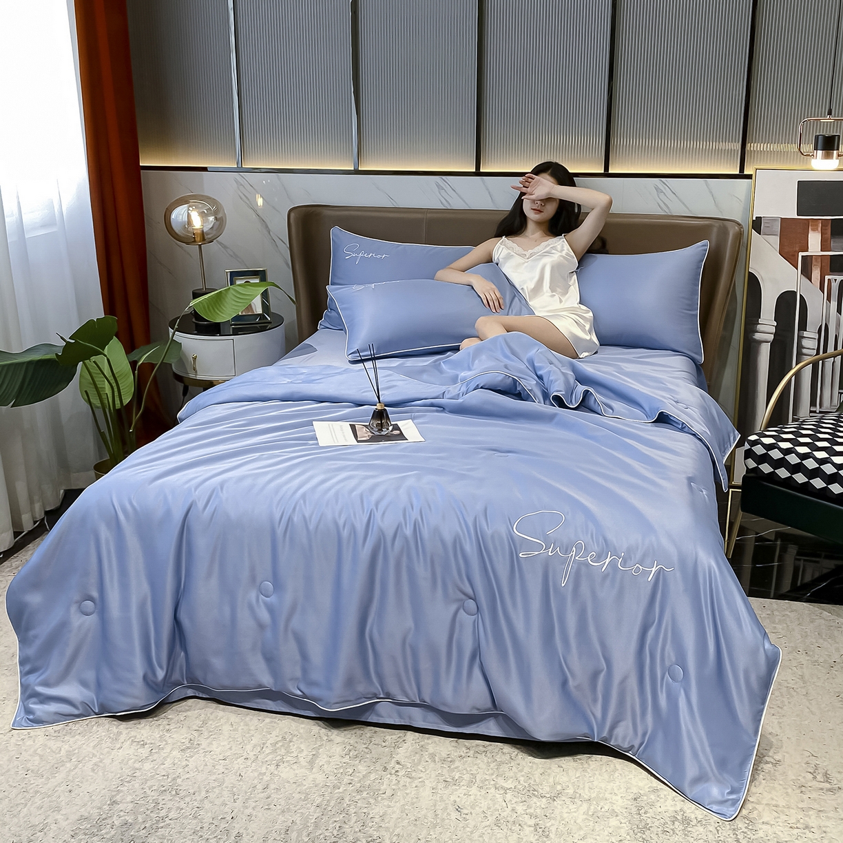 91家纺网 家纺一手货源 找家纺 绒城 2026新款字母刺绣水洗天丝夏被夏凉被空调被四件套-字母 字母黄兰