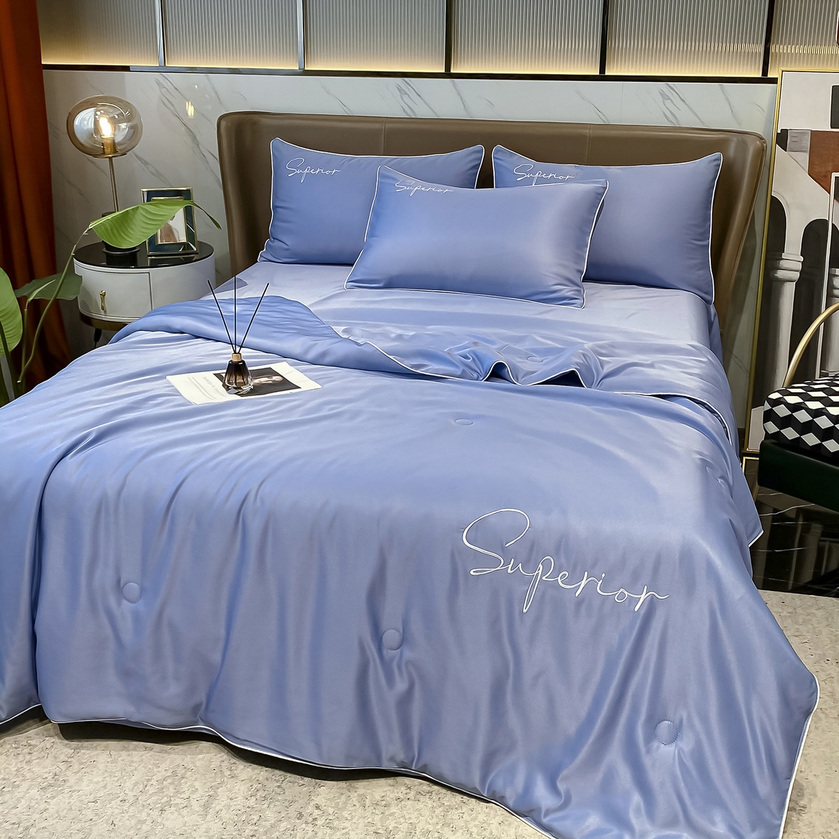 91家纺网 家纺一手货源 找家纺 绒城 2026新款字母刺绣水洗天丝夏被夏凉被空调被四件套-字母 字母黄兰