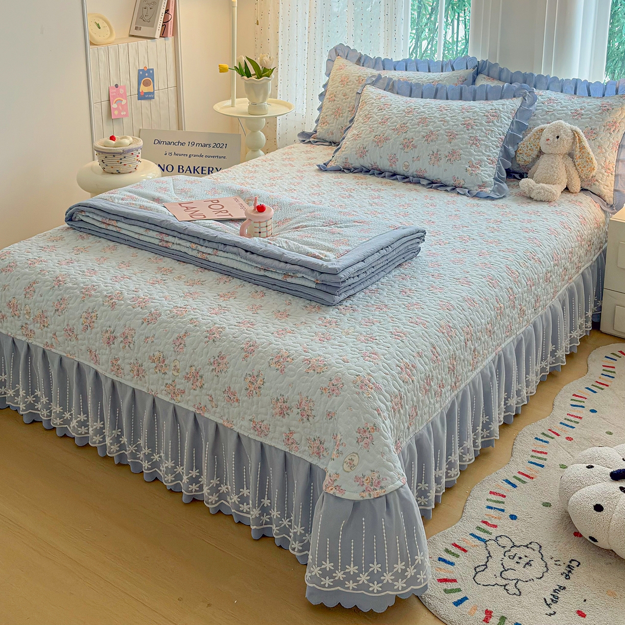 91家纺网 家纺一手货源 找家纺 绒耀家纺 2026春夏直播爆款泡芙棉云感双层纱皱皱纱韩式花边床盖四件套 春天里