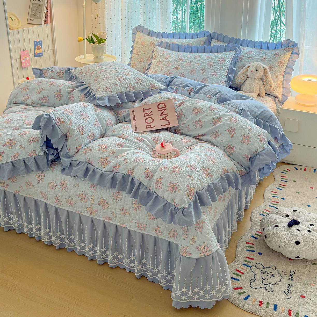 91家纺网 家纺一手货源 找家纺 绒耀家纺 2026春夏直播爆款泡芙棉云感双层纱皱皱纱韩式花边床盖四件套 春天里