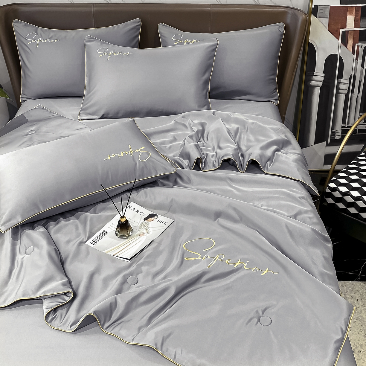 91家纺网 家纺一手货源 找家纺 绒城 2026新款字母刺绣水洗天丝夏被夏凉被空调被四件套-字母 字母经典灰