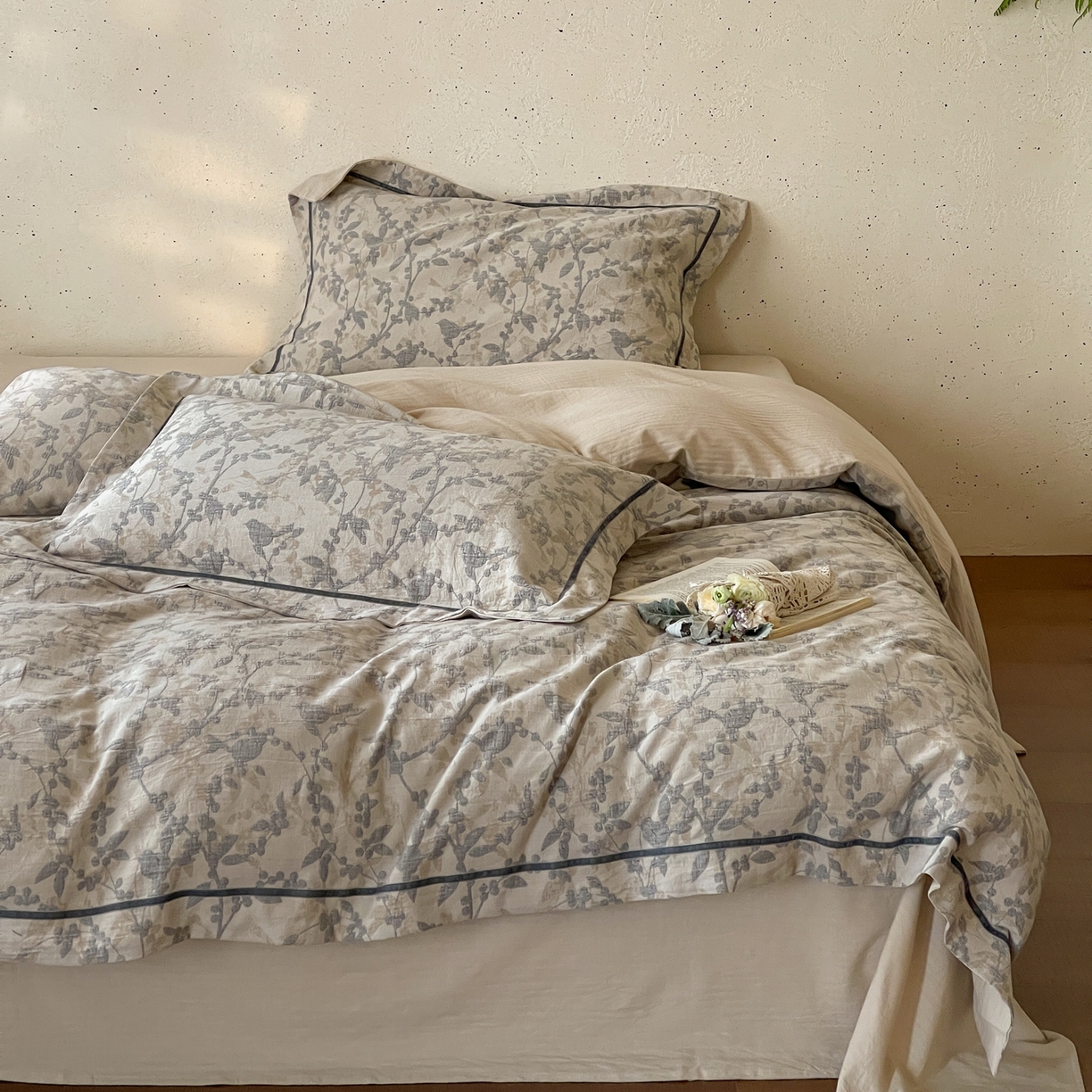 91家纺网 家纺一手货源 找家纺 云上 2026春夏新款全棉纯棉色织提花宽边压丝绒带四件套-乔木（活动后/券后售价 不低于358 上架参考价428起） 乔木-米