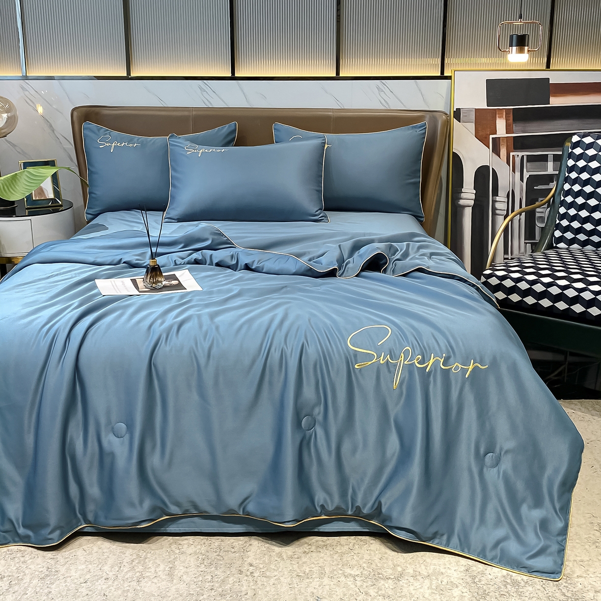 91家纺网 家纺一手货源 找家纺 绒城 2026新款字母刺绣水洗天丝夏被夏凉被空调被四件套-字母 字母静谧蓝