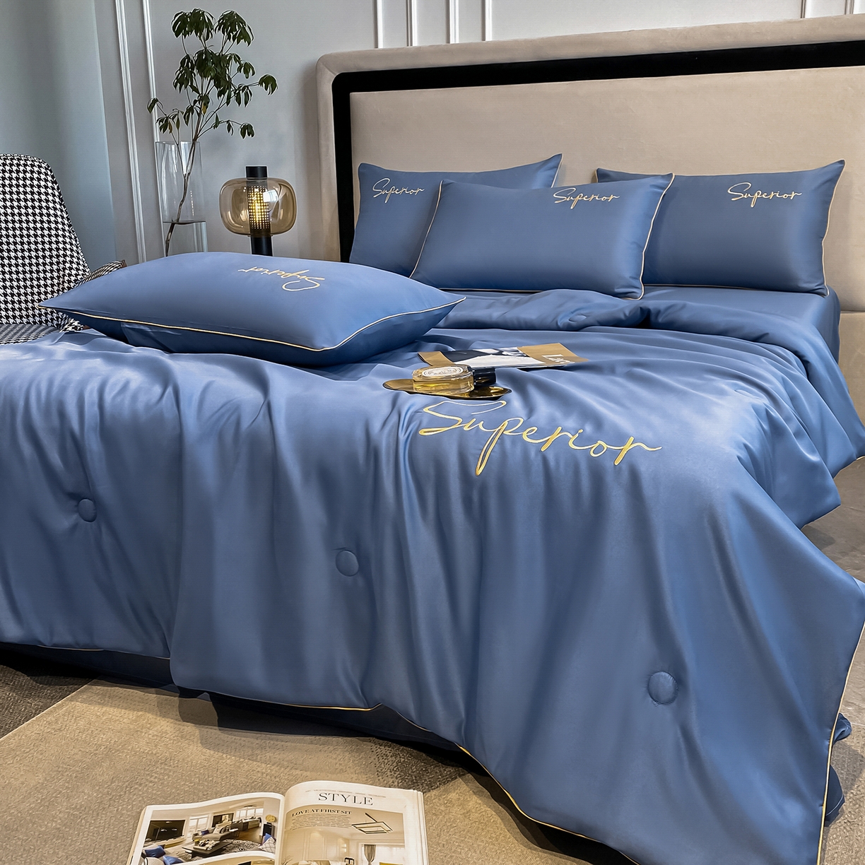 91家纺网 家纺一手货源 找家纺 绒城 2026新款字母刺绣水洗天丝夏被夏凉被空调被四件套-字母 字母蓝紫