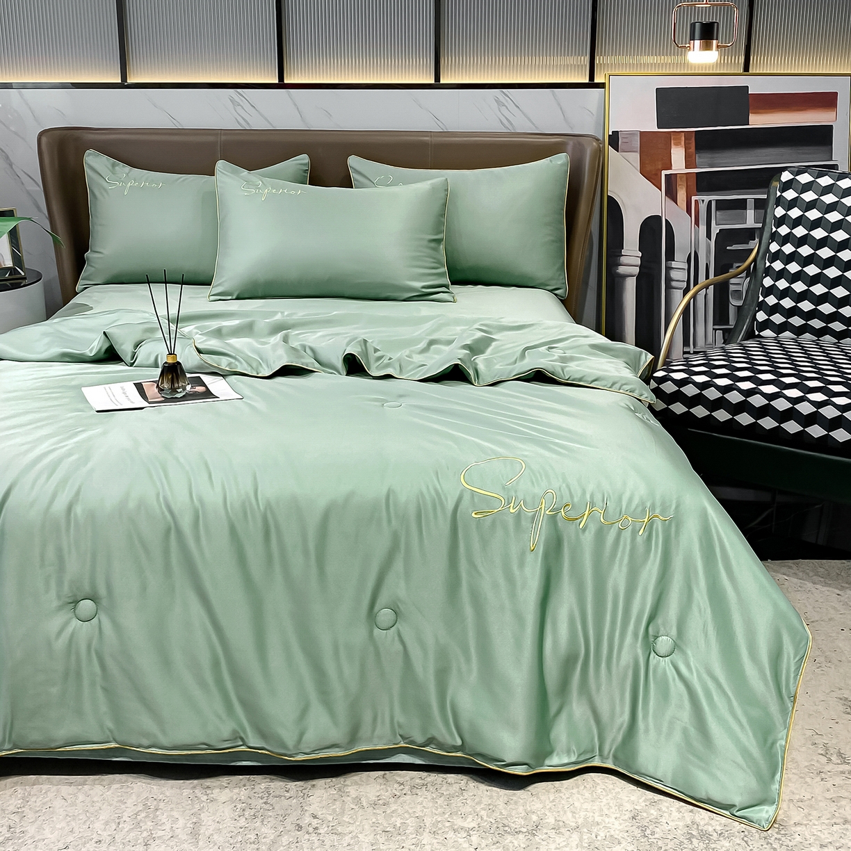 91家纺网 家纺一手货源 找家纺 绒城 2026新款字母刺绣水洗天丝夏被夏凉被空调被四件套-字母 字母琉璃绿