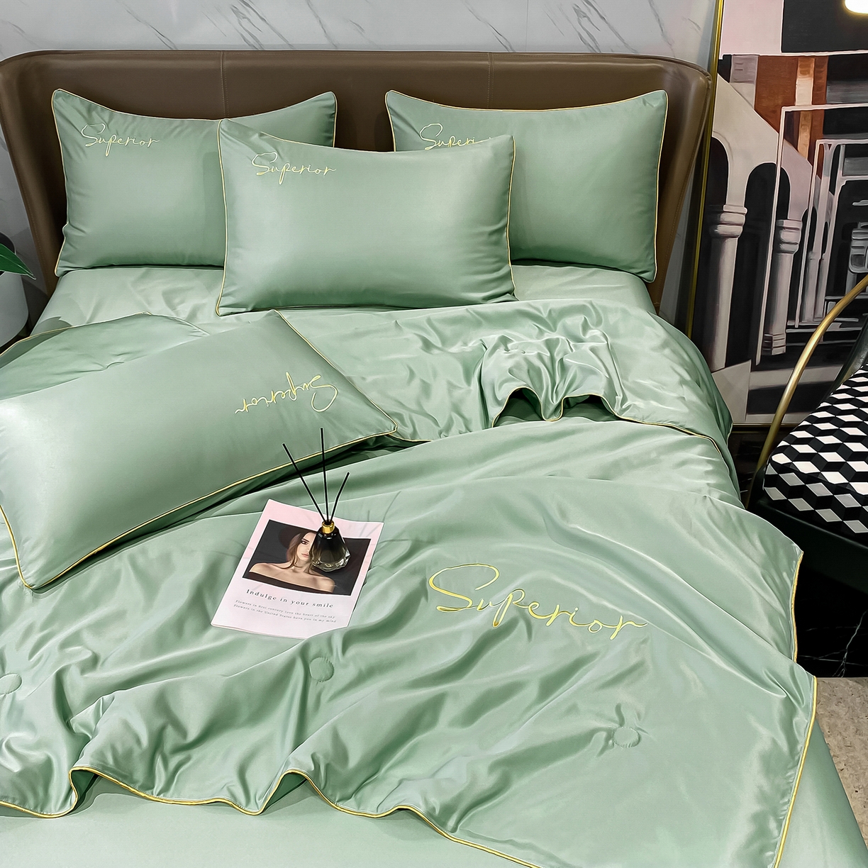 91家纺网 家纺一手货源 找家纺 绒城 2026新款字母刺绣水洗天丝夏被夏凉被空调被四件套-字母 字母琉璃绿