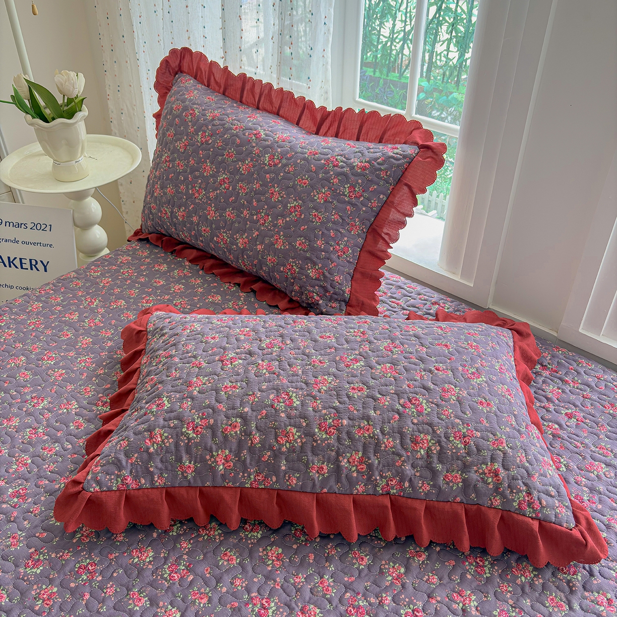 91家纺网 家纺一手货源 找家纺 绒耀家纺 2026春夏直播爆款泡芙棉云感双层纱皱皱纱韩式花边床盖四件套 花仙谷