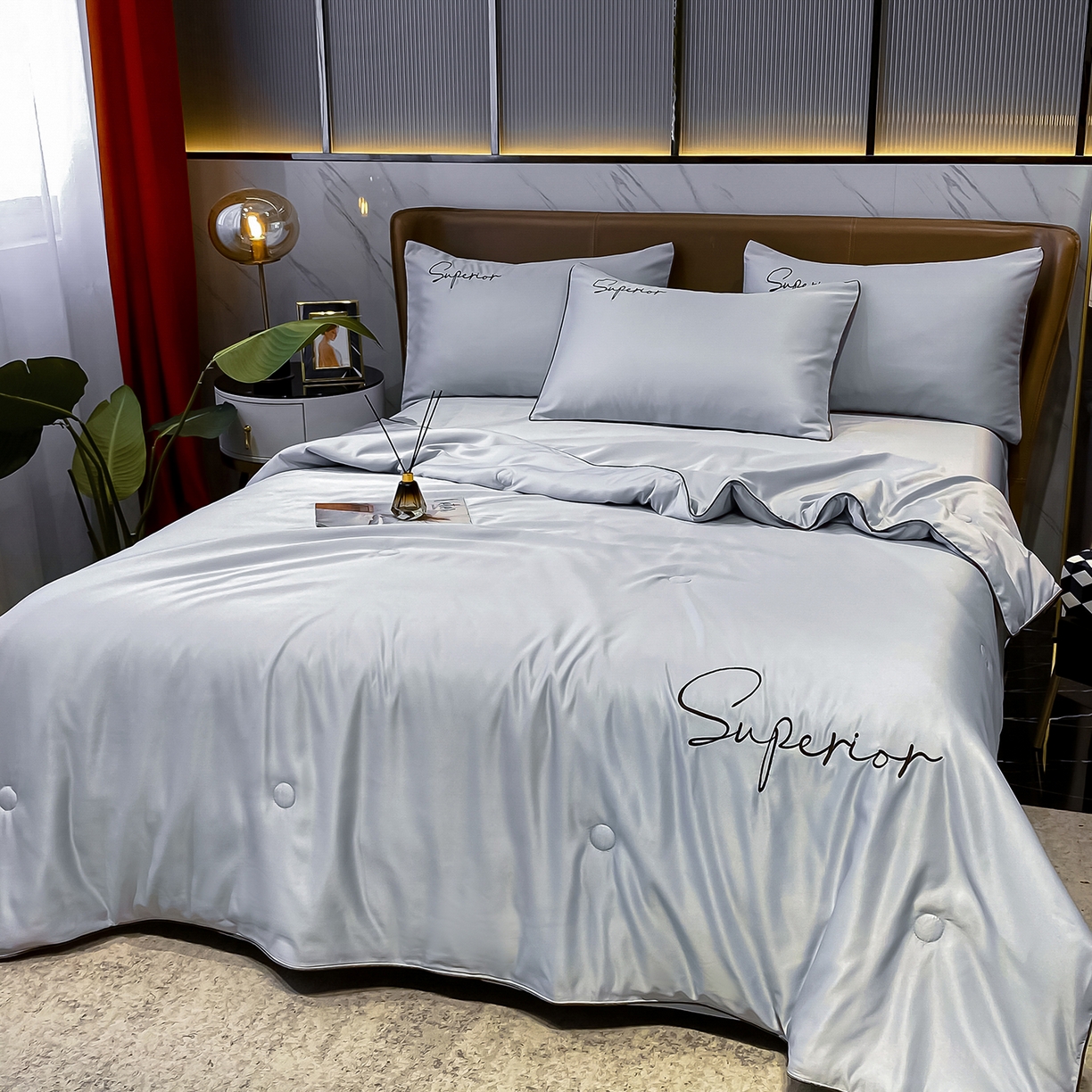 91家纺网 家纺一手货源 找家纺 绒城 2026新款字母刺绣水洗天丝夏被夏凉被空调被四件套-字母 字母气质灰