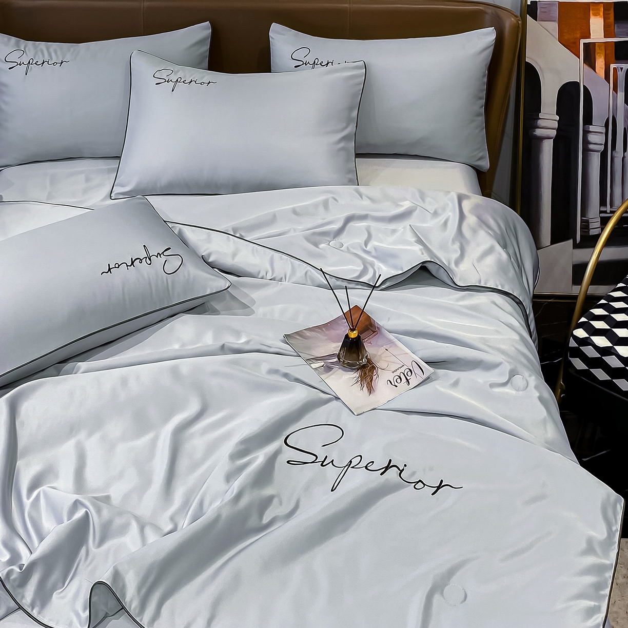 91家纺网 家纺一手货源 找家纺 绒城 2026新款字母刺绣水洗天丝夏被夏凉被空调被四件套-字母 字母气质灰