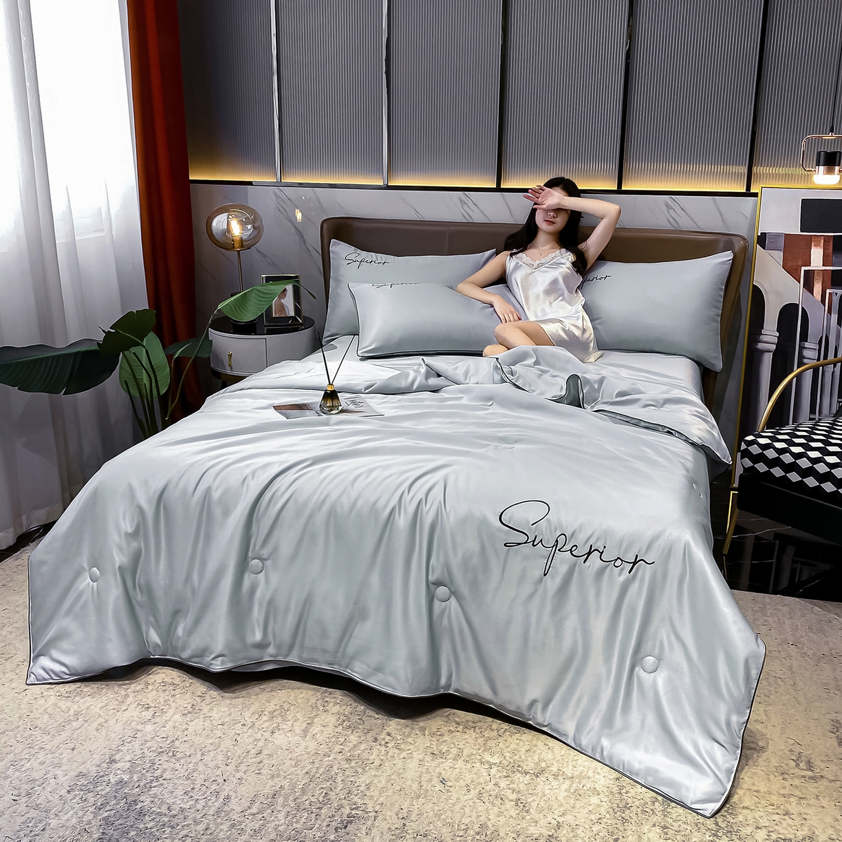 91家纺网 家纺一手货源 找家纺 绒城 2026新款字母刺绣水洗天丝夏被夏凉被空调被四件套-字母 字母气质灰