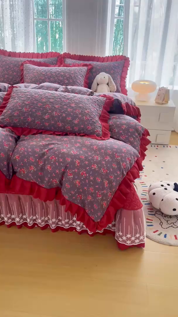 91家纺网 家纺一手货源 找家纺 绒耀家纺 2026春夏直播爆款泡芙棉云感双层纱皱皱纱韩式花边床盖四件套 花仙谷