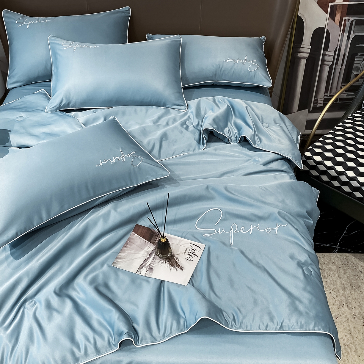 91家纺网 家纺一手货源 找家纺 绒城 2026新款字母刺绣水洗天丝夏被夏凉被空调被四件套-字母 字母石兰