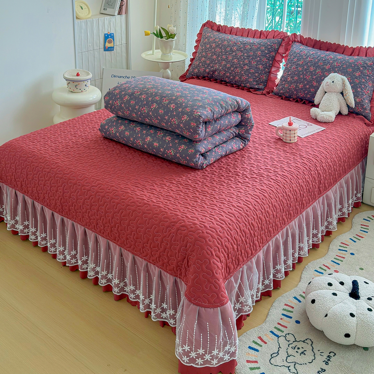 91家纺网 家纺一手货源 找家纺 绒耀家纺 2026春夏直播爆款泡芙棉云感双层纱皱皱纱韩式花边床盖四件套 花仙谷-AB