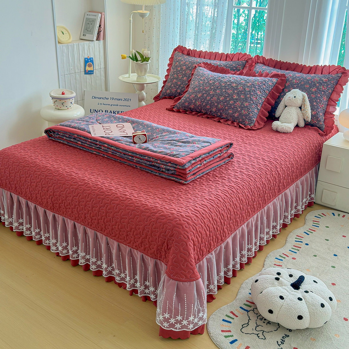 91家纺网 家纺一手货源 找家纺 绒耀家纺 2026春夏直播爆款泡芙棉云感双层纱皱皱纱韩式花边床盖四件套 花仙谷-AB