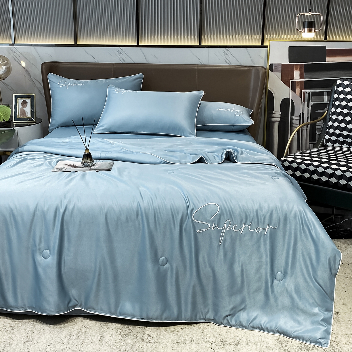 91家纺网 家纺一手货源 找家纺 绒城 2026新款字母刺绣水洗天丝夏被夏凉被空调被四件套-字母 字母石兰