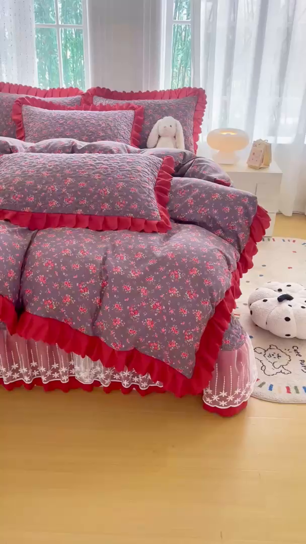 91家纺网 家纺一手货源 找家纺 绒耀家纺 2026春夏直播爆款泡芙棉云感双层纱皱皱纱韩式花边床盖四件套 花仙谷-AB