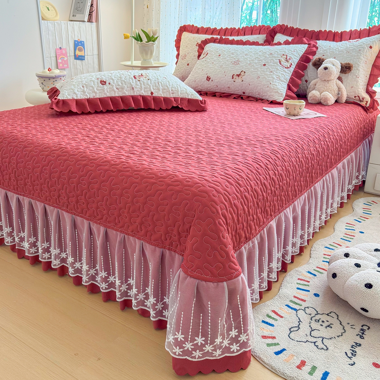 91家纺网 家纺一手货源 找家纺 （总）绒耀家纺 2026春夏直播爆款泡芙棉云感双层纱皱皱纱韩式花边床盖四件套