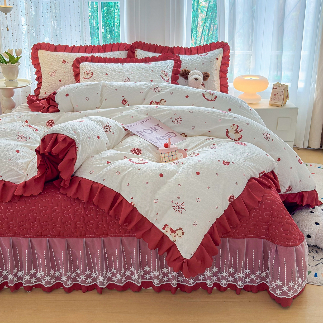 91家纺网 家纺一手货源 找家纺 （总）绒耀家纺 2026春夏直播爆款泡芙棉云感双层纱皱皱纱韩式花边床盖四件套